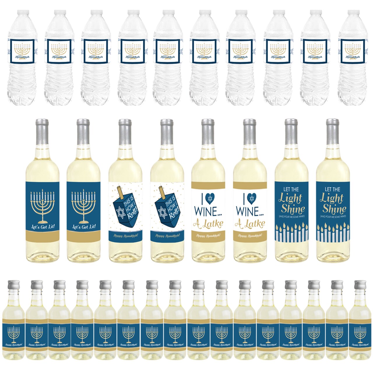 Big Dot of Happiness Happy Hanukkah - Mini Wine Labels, Wine Labels & Water Bottle Labels - Chanukah Holiday Party Decor - Beverage Bar Kit -34 Pieces